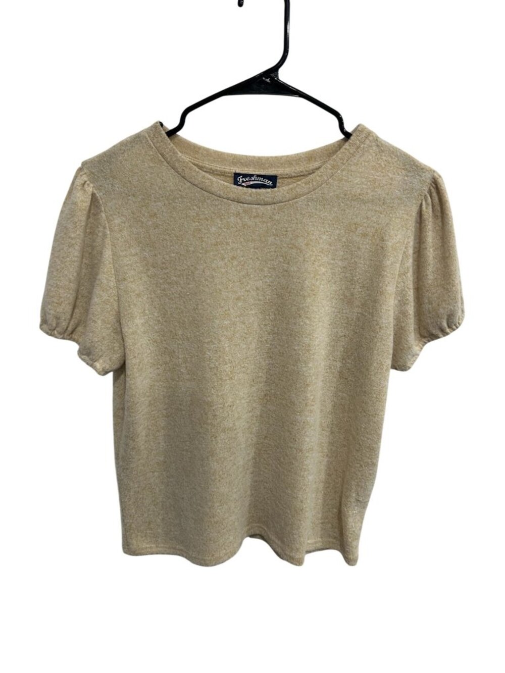 Freshman Beige Short Sleeve Crewneck Puff Shoulder Top Size Large Chic Elegant